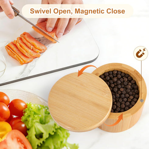 Pniimoo 360 Countertop 6 Oz Salt Holder with Lid, Bamboo Salt Container, Salt Cellar with Swivel Lid for to Store