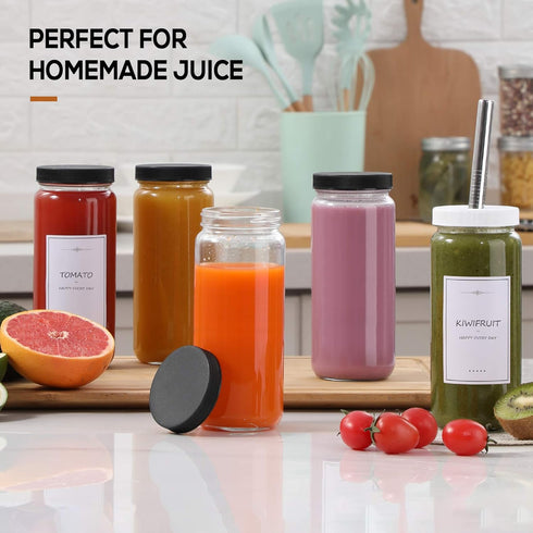 Shopify SEO: 16 OZ Glass Juicing Bottles - 8 Pack with 2 Straws & Lids, Airtight Black Lids, Reusable for Juice &
