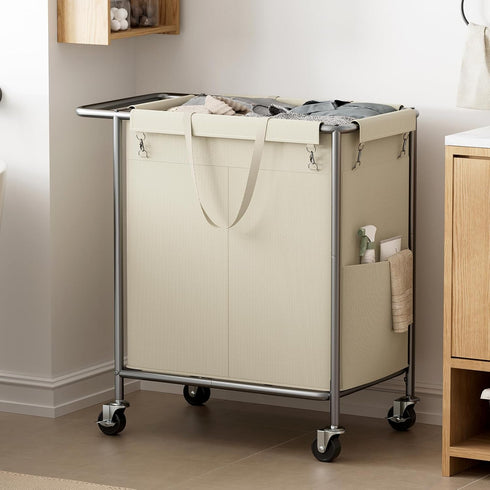 Wheels,160L 2 Chrislley Double Laundry Hamper with Rolling Laundry Basket Section,Steel Frame Laundry Cart with Handle