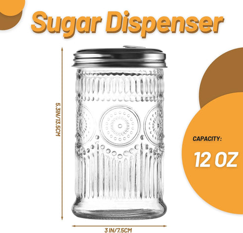 Wongblee 12oz, Glass Sugar Shaker Dispenser Stainless Steel Flip Top Lid for Easy Pouring, Sugar Pourer for Sugar