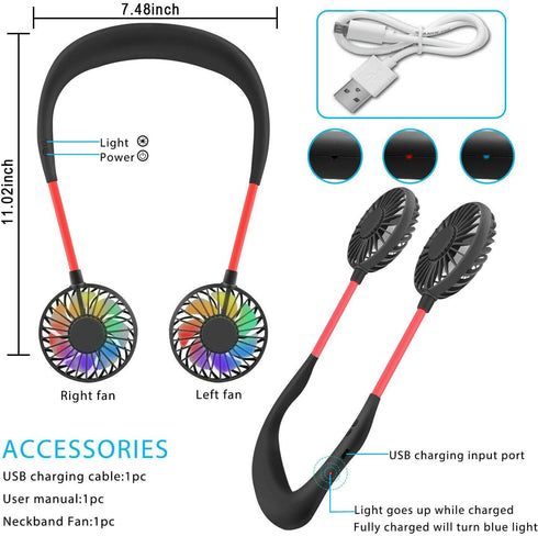 Portable Neck Fan, USB Rechargeable with 3 Adjustable Speeds and LED Lights - Black