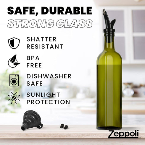 17 oz Set Zeppoli Kitchen Olive Oil & Vinegar Dispenser Bottle - with Removable Dual Spouts, Pour Funnel, Stainless