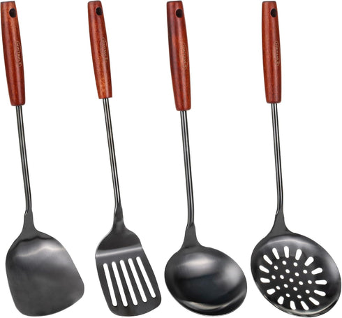 FJNATINH 4-Pieces Professional Wok Utensils Set for Carbon Steel, Wooden Handle Skimmer, Soup Ladle, Slotted Turner,