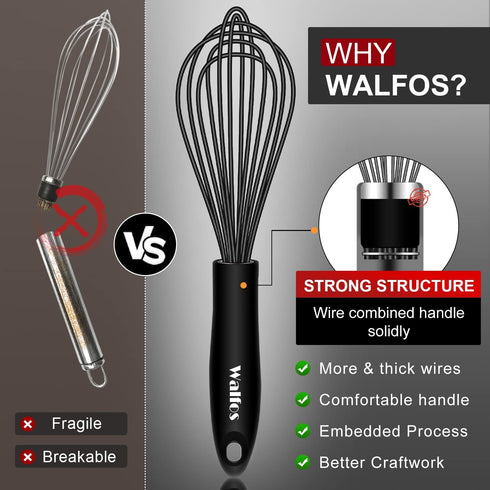 Walfos Silicone Whisk Set of 3, Stainless Steel Wire Kitchen Whisks for Non-Stick Cookware