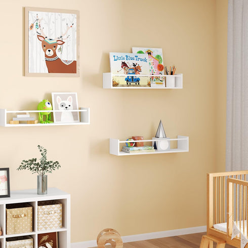 Fixwal Nursery Bookshelves, 16.5 Inch Floating Bookshelves for Wall, Set of 3 Solid Wood Wall Mounted Shelves, White
