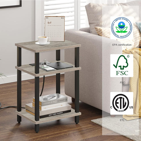 TUTOTAK End Table with Charging Station, Nightstand with USB Ports, 3-Tier Storage Shelf for Small Space, Sofa Table