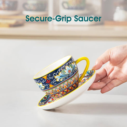 8 oz Set 6, vancasso Cappuccino Cups with Saucers of Bohemian Ceramic Coffee Cup for Latte, Tea, Espresso, Microwave