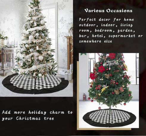 Black and White Buffalo Plaid Check Christmas Tree Skirt - 48 inches Double Layers Holiday Ornaments