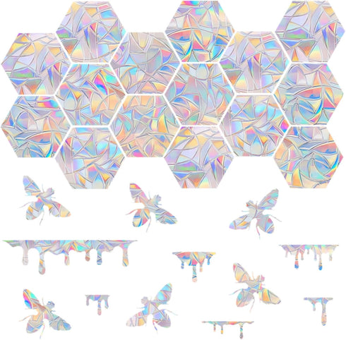 Honeycomb & Bee 30-Piece Rainbow Window Clings, Non-Adhesive Vinyl Decals, Bird Strike Deterrent, Kid-Friendly Variety