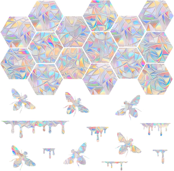 Honeycomb & Bee 30-Piece Rainbow Window Clings, Non-Adhesive Vinyl Decals, Bird Strike Deterrent, Kid-Friendly Variety