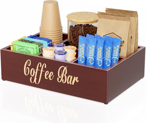 Coffee Station Organizer for Countertop - Wooden Coffee Bar with Removable Dividers, Farmhouse Coffee Pod Holder Basket