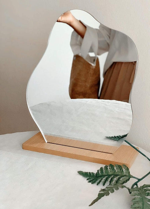 Irregular Aesthetic Vanity Mirror, Frameless Decorative Acrylic Mirrors with Wooden Stand for Living Room, Bedroom,
