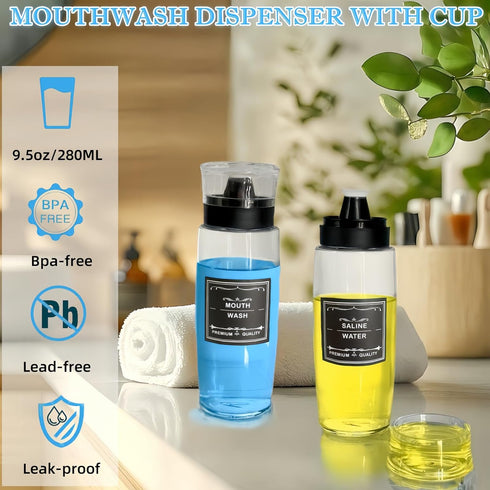 Suaetiai 2 Pack 9.5 OZ Countertop/8 Glass Mouthwash Dispenser, Leakproof Mouth Wash Container Bottle with Cup Lid