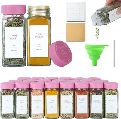 TESUNMU Pink Spice Jars with Label4oz Seasoning Containers, Glass Spice Bottles with Shaker
