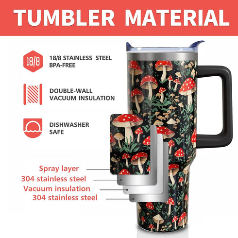 40oz (1PC) Red Mushroom Gifts Cup for Women Men, Tumblers with Handle and Straw, Goth Mushroom Lovers Stainless Steel