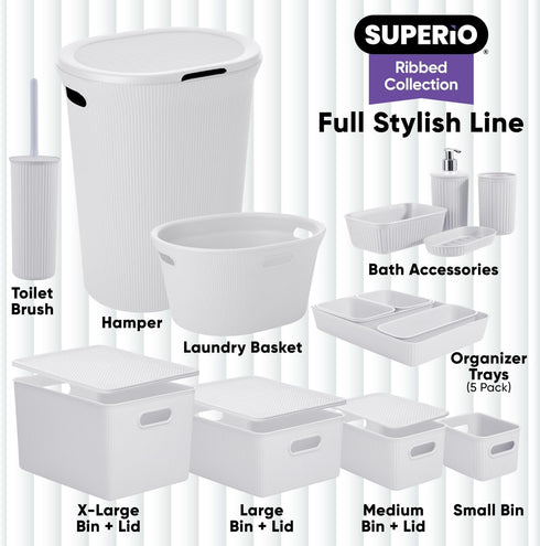 Superio Ribbed Collection - Decorative Plastic Open Home Storage Bins Organizer Baskets, Large White Smoke (2 Pack) for