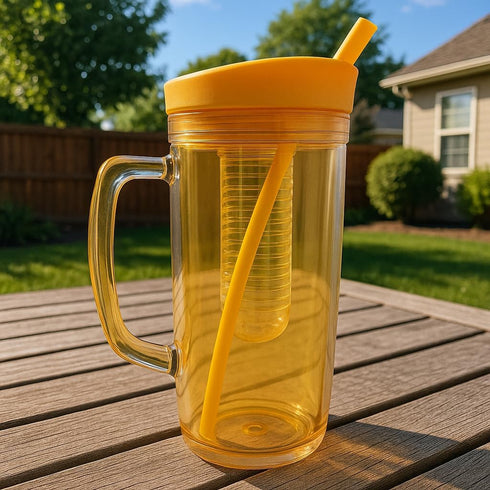 Dependable Industries 37oz BPA-Free Plastic Double Wall Tumbler with Silicone Straw and Fruit Infuser (Vibrant Yellow)