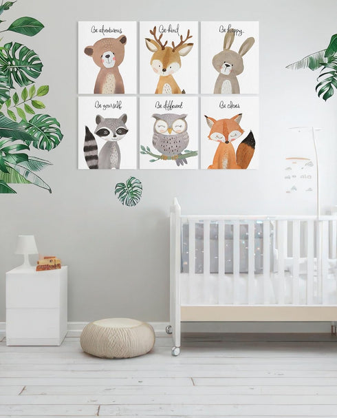 Set 6 Safari Animal Nursery Wall Decor: Woodland Animal Print for Baby Boy Girl, Framed Inspirational Quotes Kids Wall