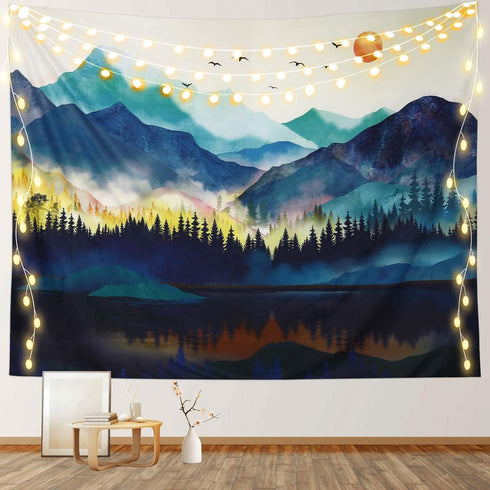 RosieLily Mountain Tapestry, 59"x79" Watercolor Tapestry Nature Tapestry Misty Forest Landscape for Bedroom
