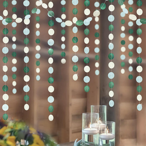 Cheerland Sage Green Garland Mint Blue White Circle Polka Dots Streamer Hanging Party Decorations for Kids Birthday