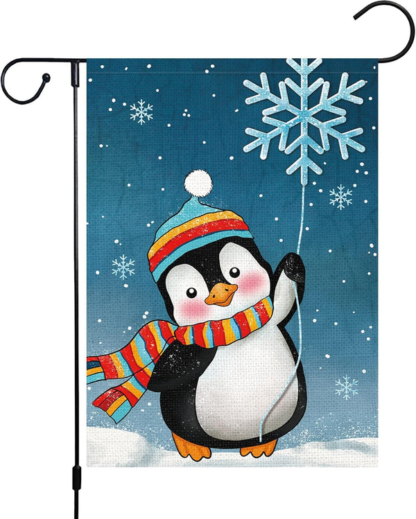 Winter Penguins Garden Flag 12x18 Inch Double Sided Burlap Welcome Christmas Snowflakes Scarfs Outdoor Holiday