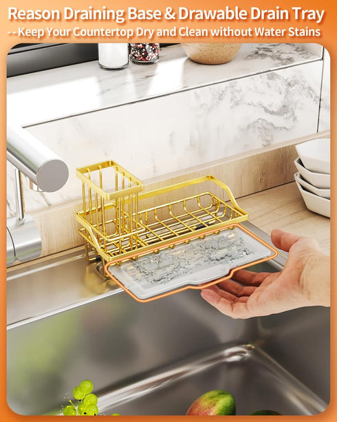 SWTYMIKI Kitchen Sink Organizer with Detachable Brush Holder, Gold Stainless Steel Sponge Holder with Removable Drip