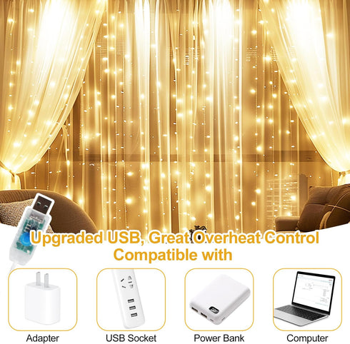 8 (10FTx10FT) Fairy Curtain Lights Upgraded Tangle-Free Warm White USB Plug in Modes String Hanging Lights with Remote