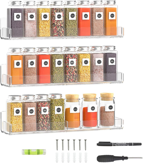 Sezanrpt 15 Inch Acrylic Spice Rack Wall Organizer Set of 3, Clear