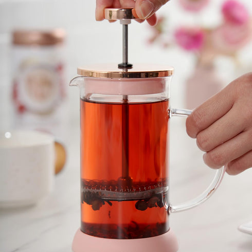 Pinky Up Riley Mini Glass Tea Press Pot, 12 oz Coffee Maker, French Press for Hot or Iced Beverage, Pink