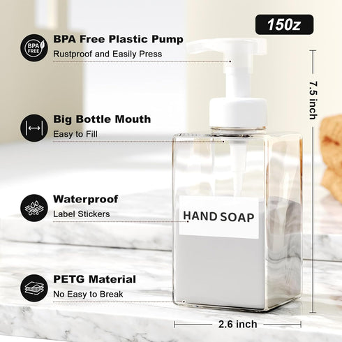 Foaming Soap Dispenser, 15 Oz Foam Soap Dispenser for Bathroom & Kitchen, Refillable Foaming Hand Soap Dispenser for Liquid Soap, 2Pcs Foam Pump Bottle with Waterproof Labels, Clear by Kzeirm