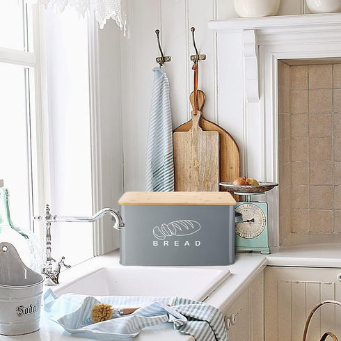 Bread Box for Kitchen Countertop - GA Homefavor Bread Bin with Bamboo Lid, 11.56" x 6.7" x 5.5", Grey