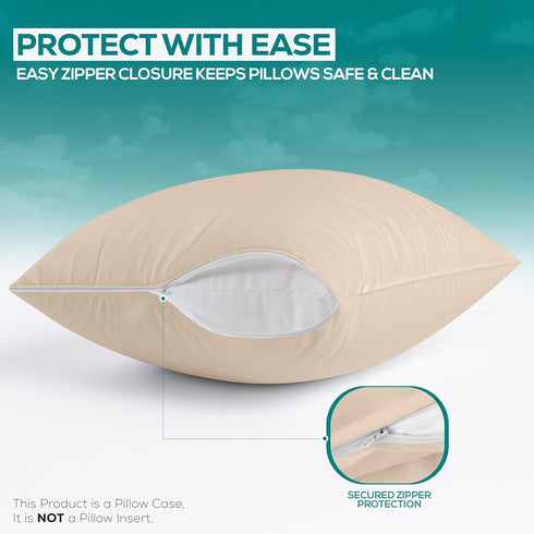 Utopia Bedding Zippered Waterproof Pillow Protectors Queen Size (2 Pack, Beige), Bed Bug Proof Encasement Covers 20 x