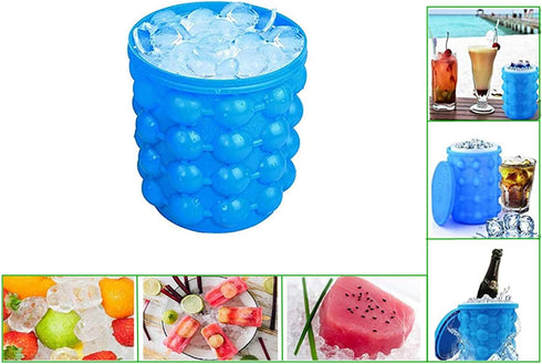 BULUSHI Large 2 in 1 Silicone Ice Bucket & Ice Mold with Lid, Portable Silicon Ice Cube Maker, Blue