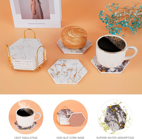 Coasters,Set 8 Gold Marble of Drink Coasters for Anniversary, Office,Geichan Ceramic Bar Coasters Cute Dining Coffee