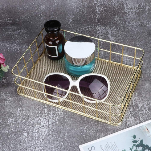 Wire Mesh Basket, Golden Desktop Metal Storage Tray for Home Cosmetic Stationery (9.6 x 6.5 x 2.6in)
