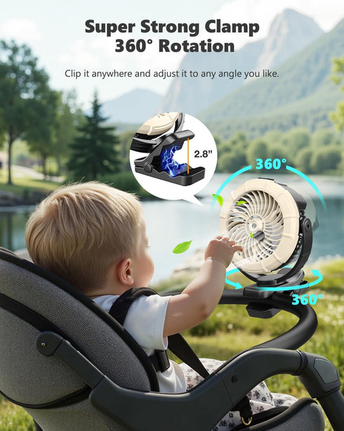 3-in-1 100ML 5200mAh 360 3 Ausic Portable Clip on Fan with Misting & LED Lights & Hook, Baby Stroller Fan, Rechargeable
