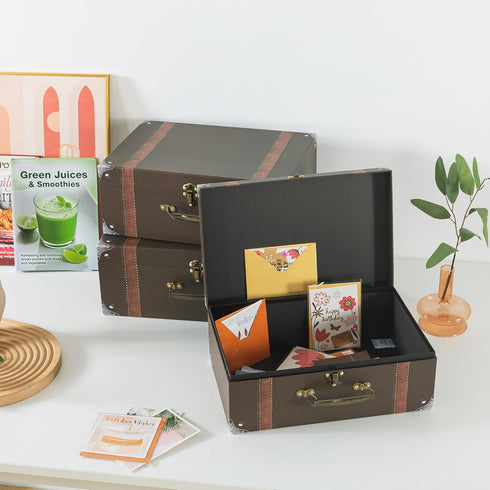 Soul & Lane Set of 3 Cardboard Suitcase Boxes with Handle, Brown Travel-Themed Paperboard Boxes for Decoration