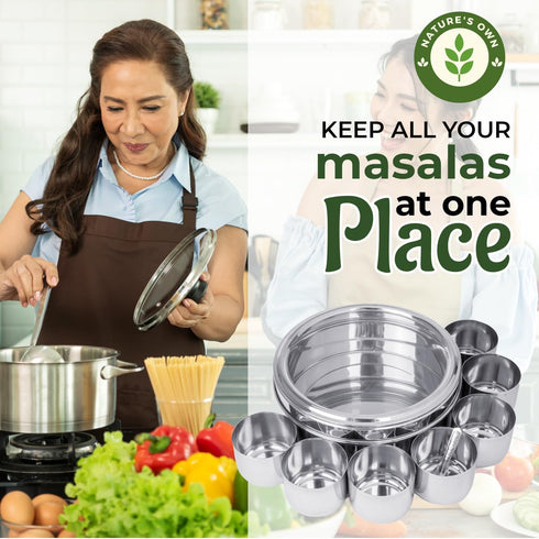 Nature's Own Stainless Steel Spice Box with Non-Breakable Transparent Glass, 7 Containers and 1 Spoon, Spice Box (22CM)