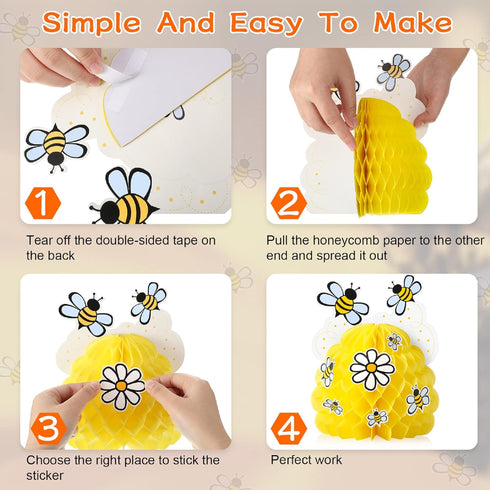 4 Pieces Honey Bee Centerpieces with Sunflower Stickers, Honeycomb Decorations for Bee Day Gender Reveal Birthday Party