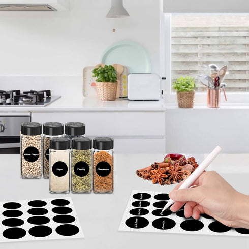 12 Pack Glass Spice Jars with Labels, 4oz Containers with Black Shaker Lids, Empty Spice Bottles, Silicone Funnel and
