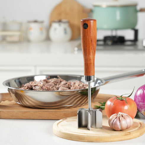 UDFLK 6-Curve Blades Stainless Steel Meat Chopper & Masher - Heavy Duty Ground Beef Chopper with Ergonomic Wood Handle