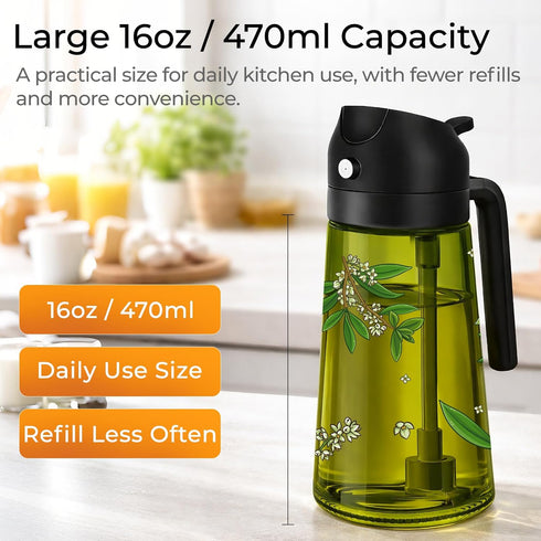2 1 Set 16OZ/470ML Set 2 COOLMI Oil Sprayer for Cooking, in Olive Oil Dispenser Bottle for Kitchen, Food-Grade Glass