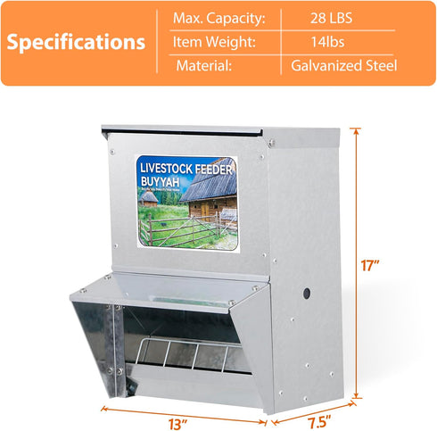 28 lbs Automatic Chicken Feeder, Capacity, Galvanized Metal Poultry Feeder, Waterproof Chicken Feeder, Suitable