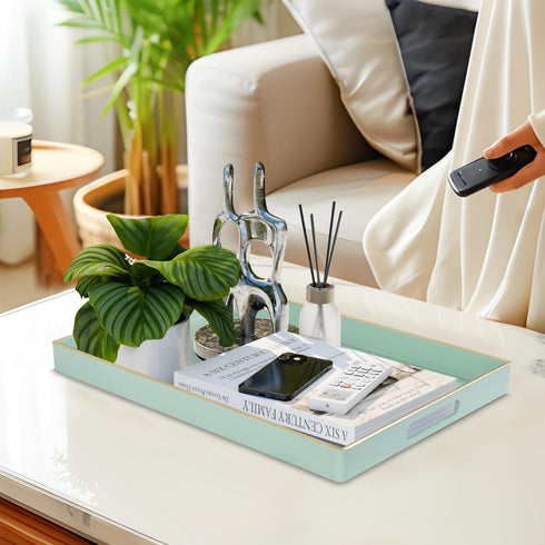 15.8 10.2 1.4" MAONAME Mint Green Serving Tray with Handles, Modern Decorative Trays for Coffee Table, Plastic