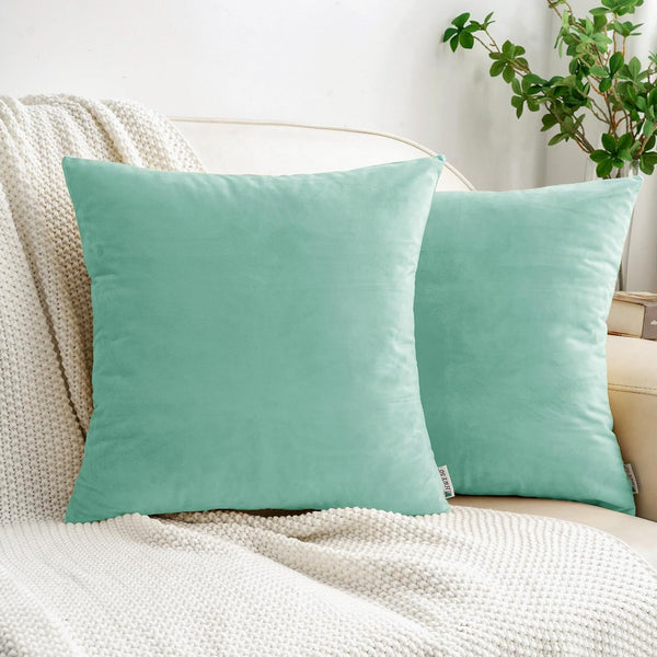 HWY 50 Aqua Green Velvet Throw Pillow Covers 20x20 Inch, Pack of 2 Soft Cozy Solid Decorative Cushion Cases for Couch