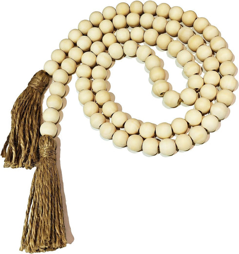 WIWUE GUO Farmhouse Beads, 59in Wood Bead Garland with Tassels, Bookshelf Decor for Tiered
