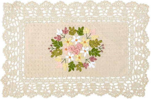 Grelucgo Handmade Crochet Cotton Lace Table Placemats, Set of 4, Rectangular 12 by 18 Inches with Ribbon Embroidery