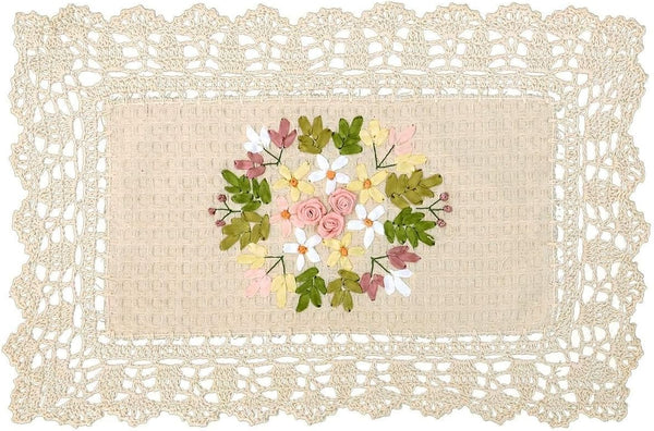 Grelucgo Handmade Crochet Cotton Lace Table Placemats, Set of 4, Rectangular 12 by 18 Inches with Ribbon Embroidery