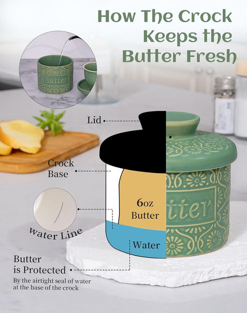 6.7oz TEATALK Ceramic French Butter Crock - Vintage Relief Pattern Butter Keeper with Water Seal, Green Butter Dish