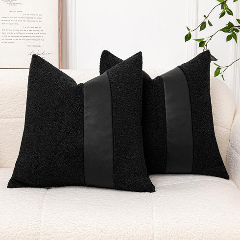 Pack of 2 Black Boucle Decorative Pillow Cover with Faux Leather Modern